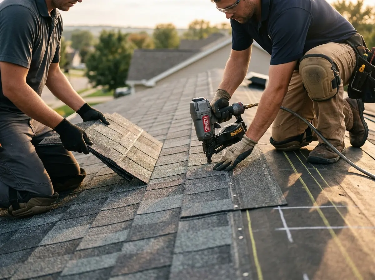 Professional roofer working on a residential roof in Lamar